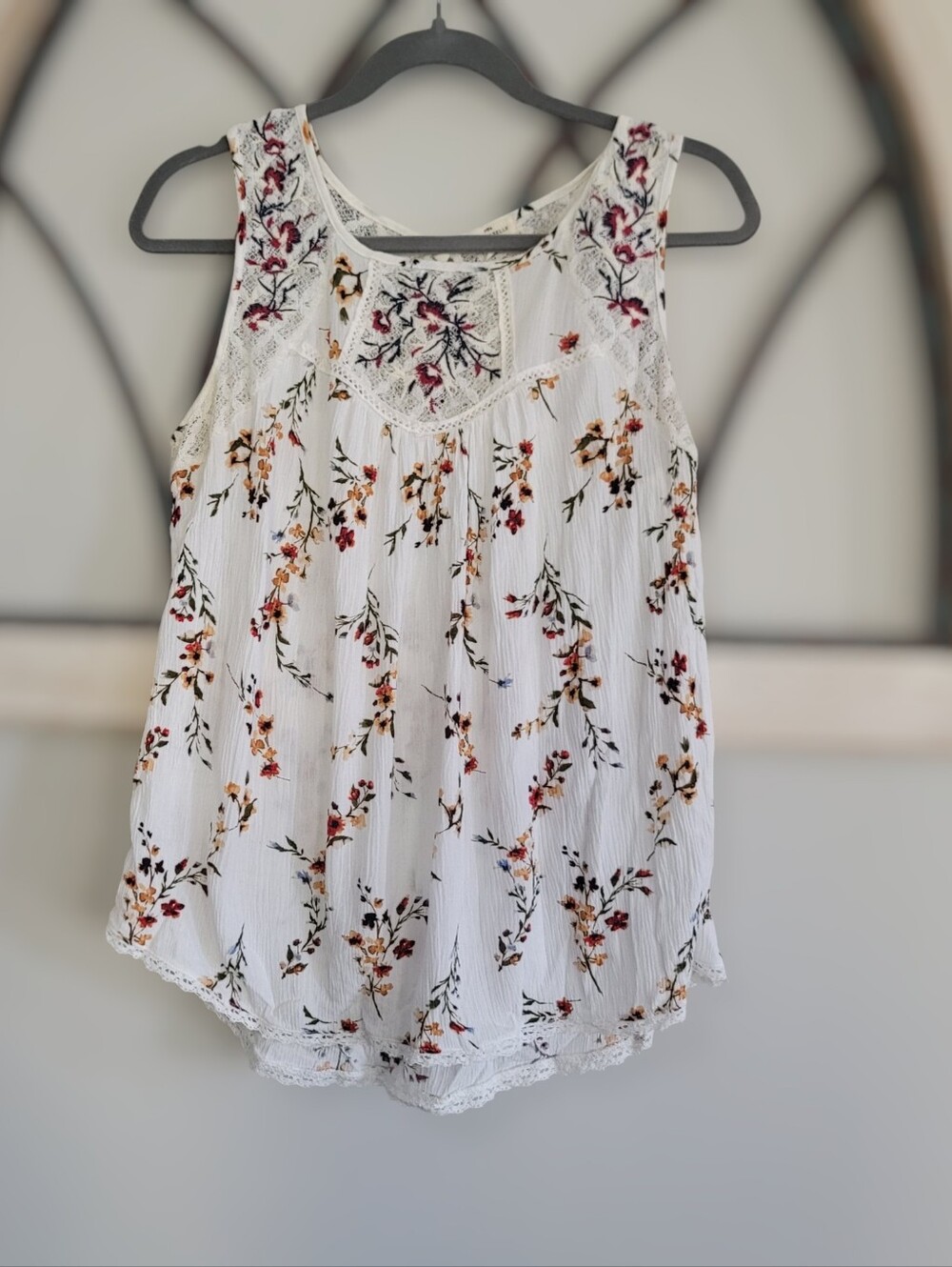 Mason Belle Floral Print/Embroidered Babydoll Sleeveless Tank, Sz M
